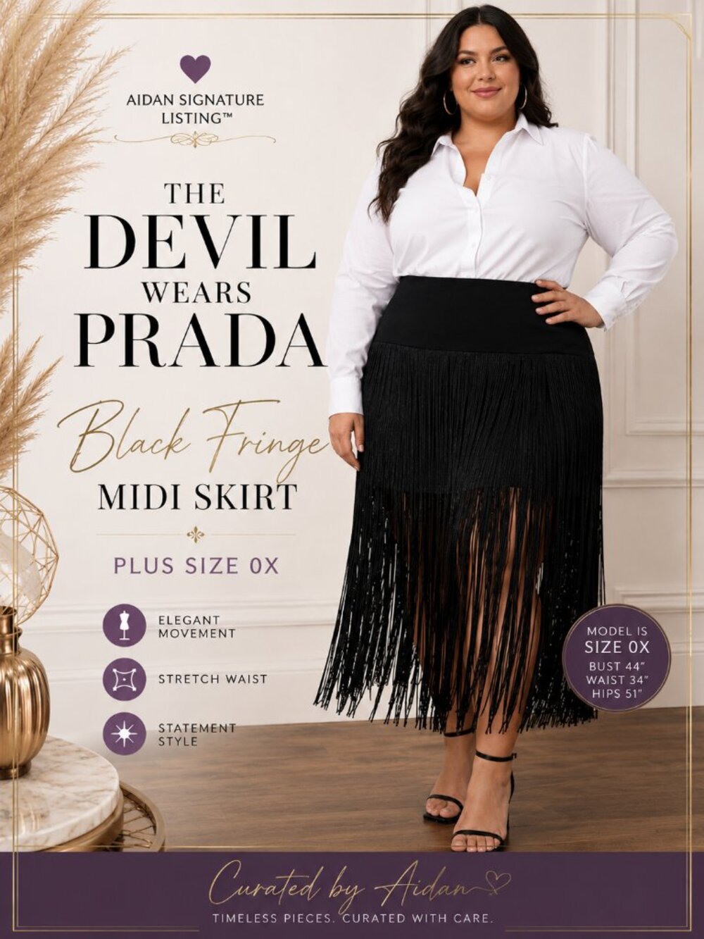 The Devil Wears Prada Black Fringe Midi Skirt Plus Size 0X Stretch Pull-On Weste